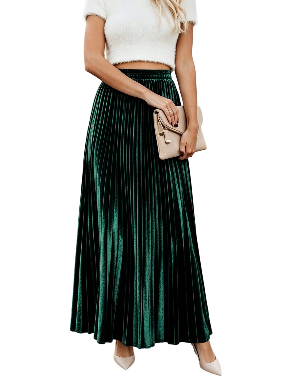 ebossy Women's Fall Winter High Wasit Ankle Length Velvet Maxi Long Pleated Skirt