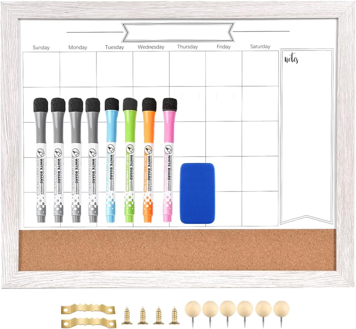 TORASO Whiteboard Calendar & Corkboard,Small Combination Dry Erase White Board & Bulletin Board, 13" x 17",White Wood Framed Calendar/Cork Combo Board,Including 8 Markers and 1 Eraser(ZHYL-WH-3343+1) White+1 13“×17”