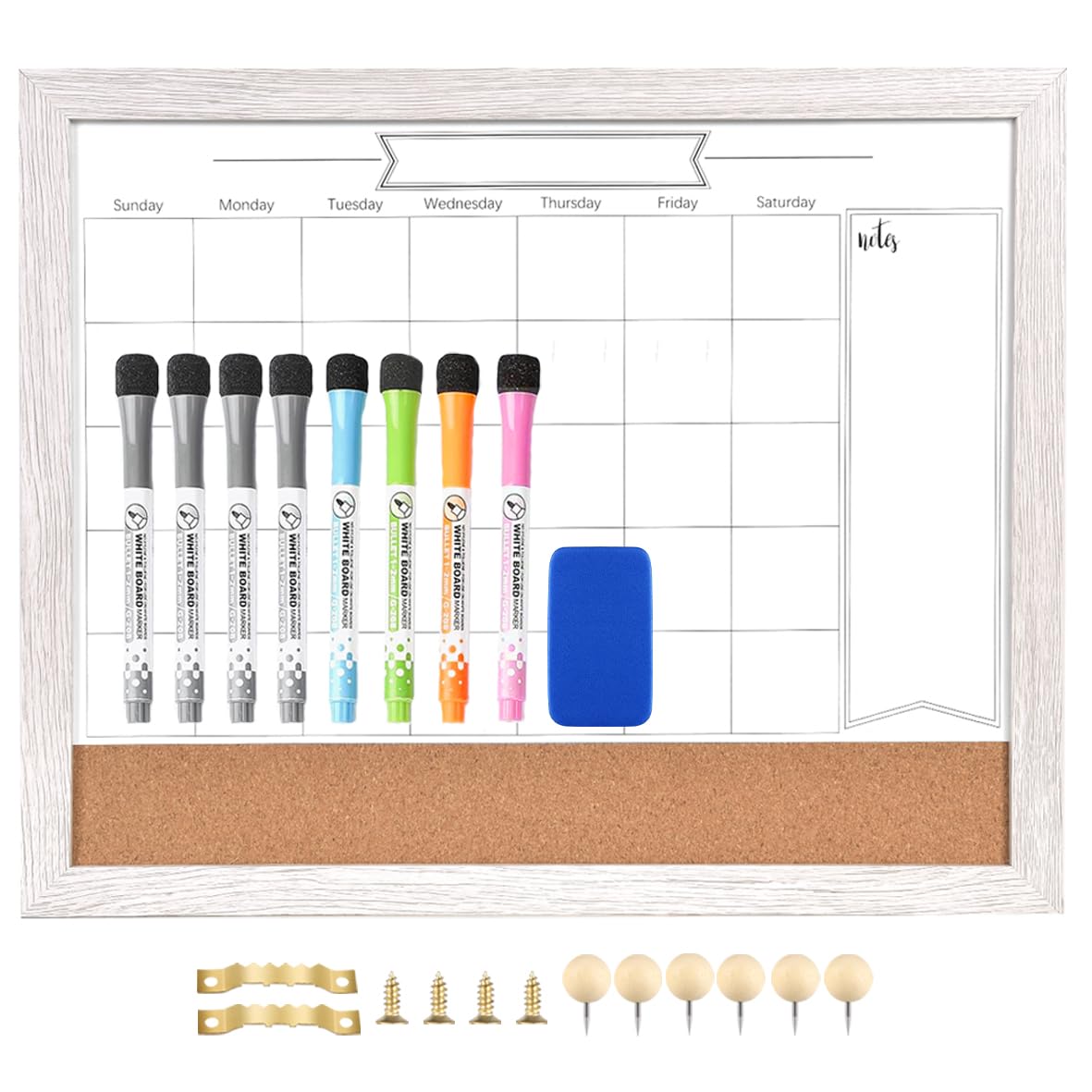Dry Erase Calendar Whiteboard for Wall, Combination Magnetic Dry Erase White Board & Bulletin Board, 13" x 17" White Wood Framed Calendar/Cork Combo