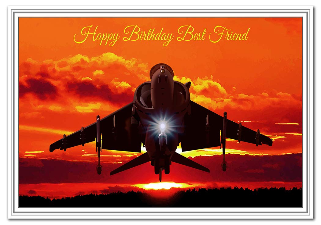 Stunning Birthday Cards Men - Unusual Unique Airplane Sunset Dad Son Friend etc (Best Friend Birthday Card - Harrier Jump Jet)