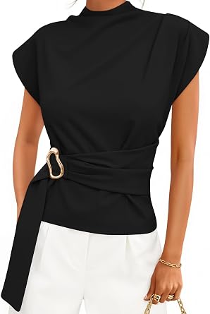 ZESICA Womens 2026 Summer Cap Sleeve Blouse Mock Neck Business Casual Tops Spring Dressy Tunic Work Shirts