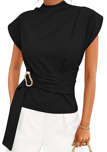 Women's 2026 Summer Cap Sleeve Blouse Mock Neck Business Casual