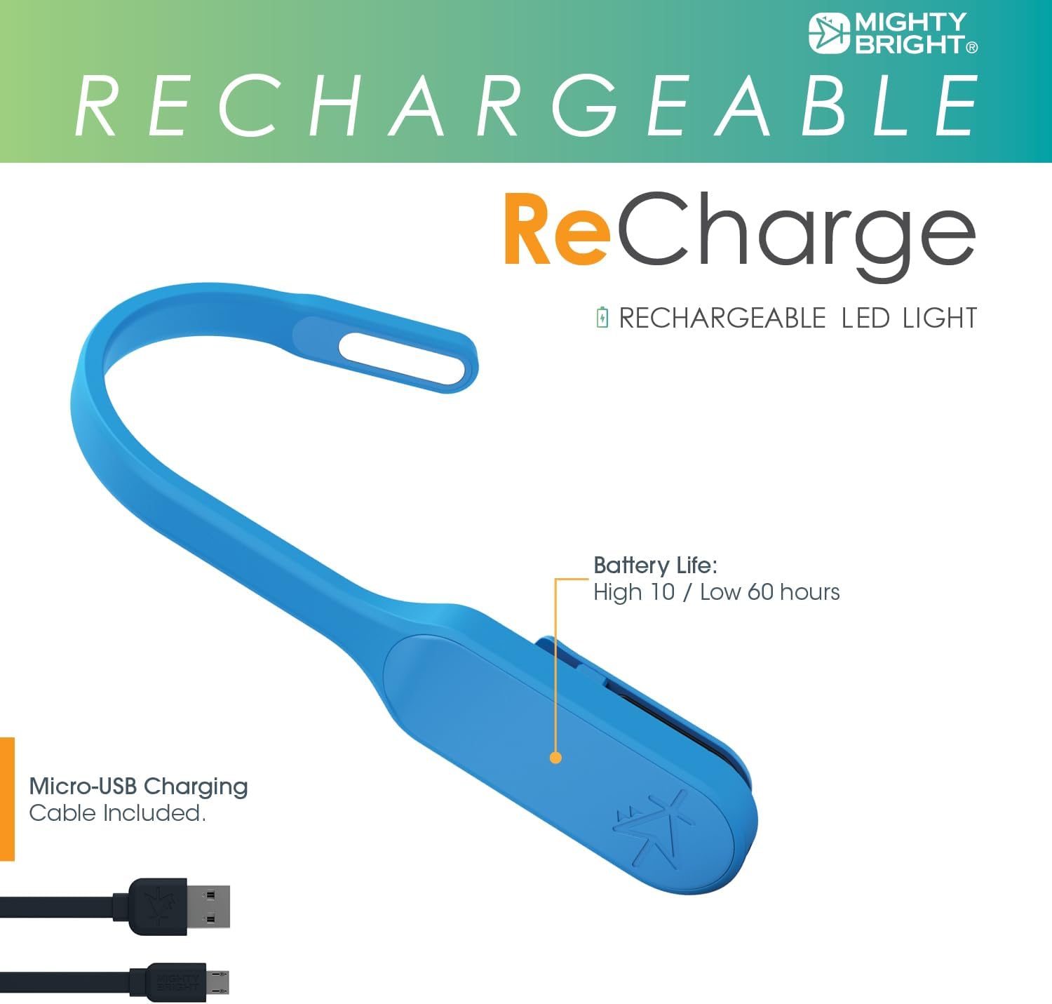 The Original Mighty Bright Recharge Clip On Rechargeable Book Light Reading Light, Warm Eye Care LEDs, Flexible, Durable, Dimmable, Perfect for Kids, Bookworms, Reading in Bed, Lasts 60 Hours (Blue)