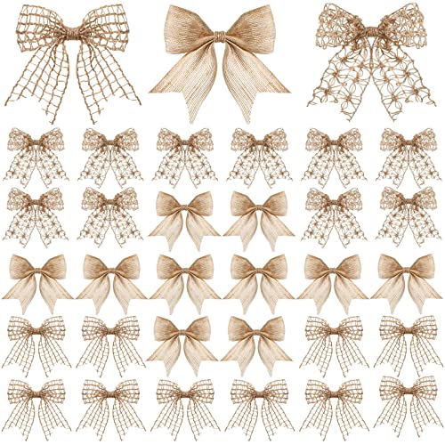WILLBOND 30 Pcs Natural Knot Burlap Bows for Wreath, Tree, Farmhouse, Holiday Decor - Classic Style