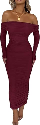 PRETTYGARDEN Women's Fall Off The Shoulder Maxi Dress Spring Long Sleeve Ruched Fitted Bodycon Club Dresses with Slit