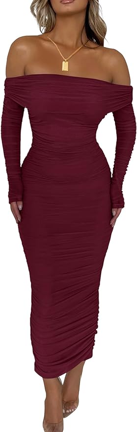 PRETTYGARDEN Women's Fall Off The Shoulder Maxi Dress Spring Long Sleeve Ruched Fitted Bodycon Club Dresses with Slit