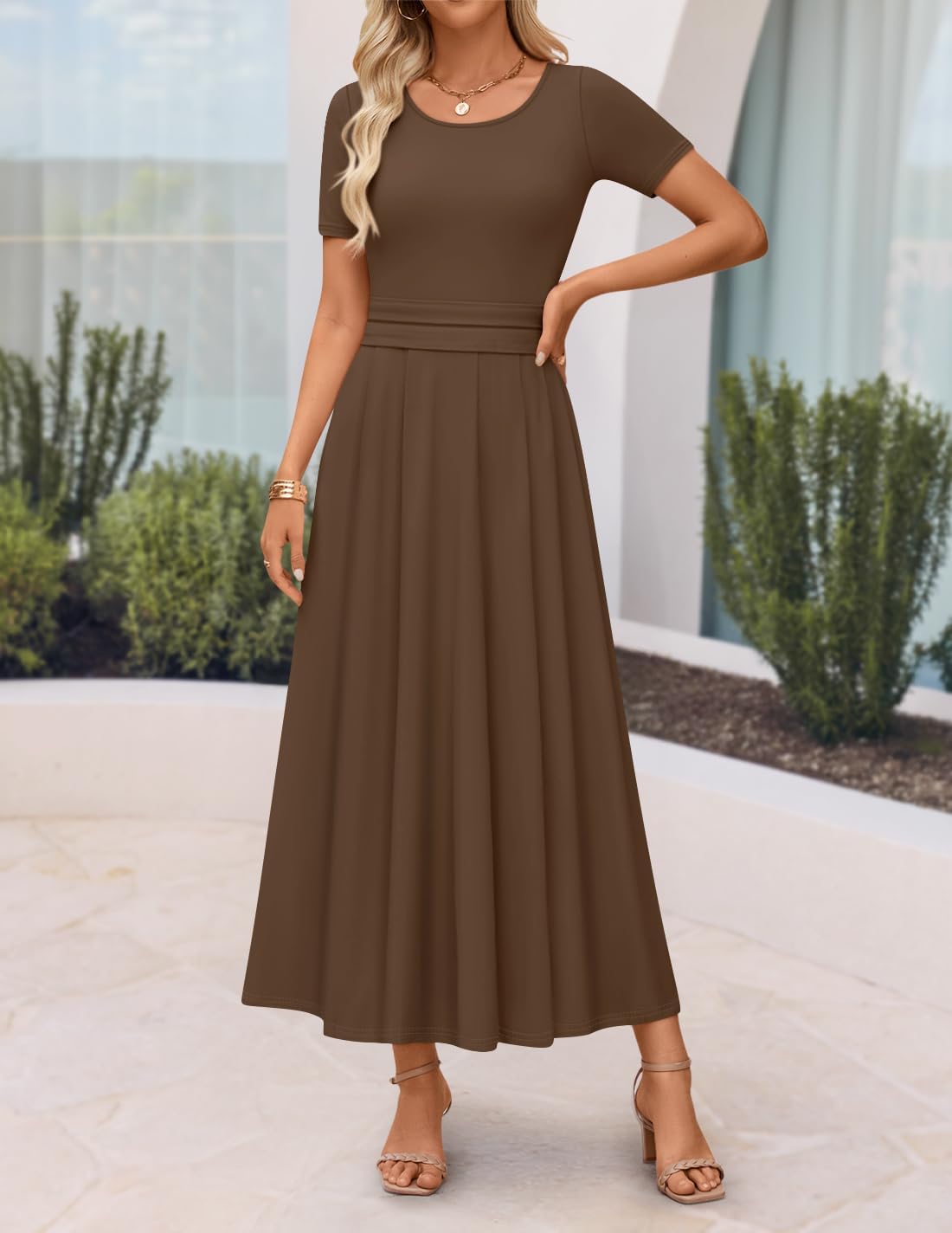 ZESICA Women's Summer Short Sleeve Maxi Dress 2026 Casual Crewneck Pleated A Line Flowy Long Dresses with Pockets - Image 2