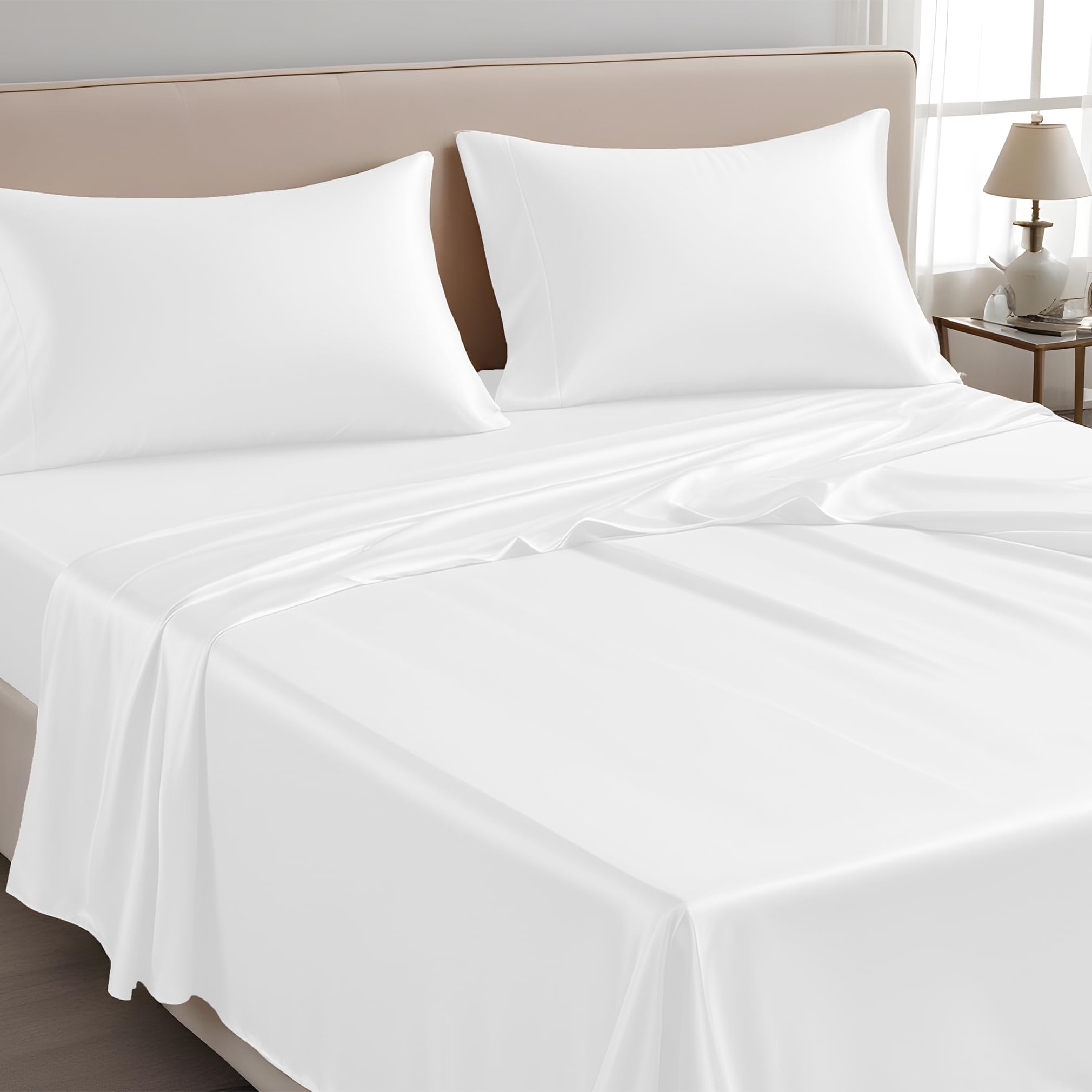 LINENWALAS Flat Sheet Only, Austrian Tencel Lyocell Silk Bedding, 300 Thread Count Premium Soft Cooling Eucalyptus Top Sheet (White, Queen)