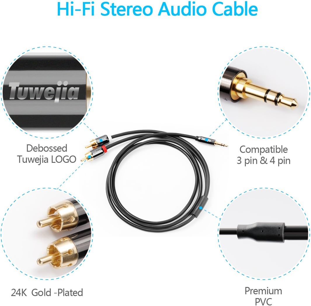 RCA Audio Cable Tuwejia Super HD 3.5mm AUX to 2RCA 10FT Y Splitter Stereo Audio Cable Male Type OFC Conductor Dual Shielding Gold Plated High-End Metal Shell(10Feet)