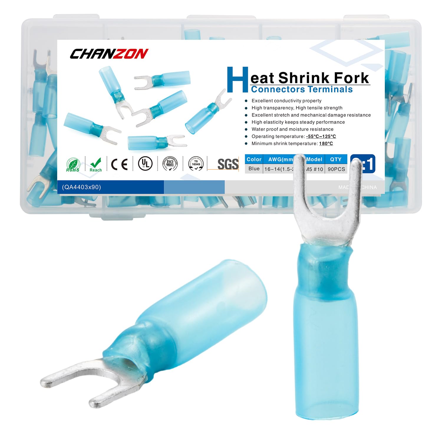 Chanzon 90pcs #10 M5 Heat Shrink Fork Spade U-Type Connector Marine Grade Waterproof - Tinned Pure Copper - Blue Wire Crimp Connectors Terminal Quick