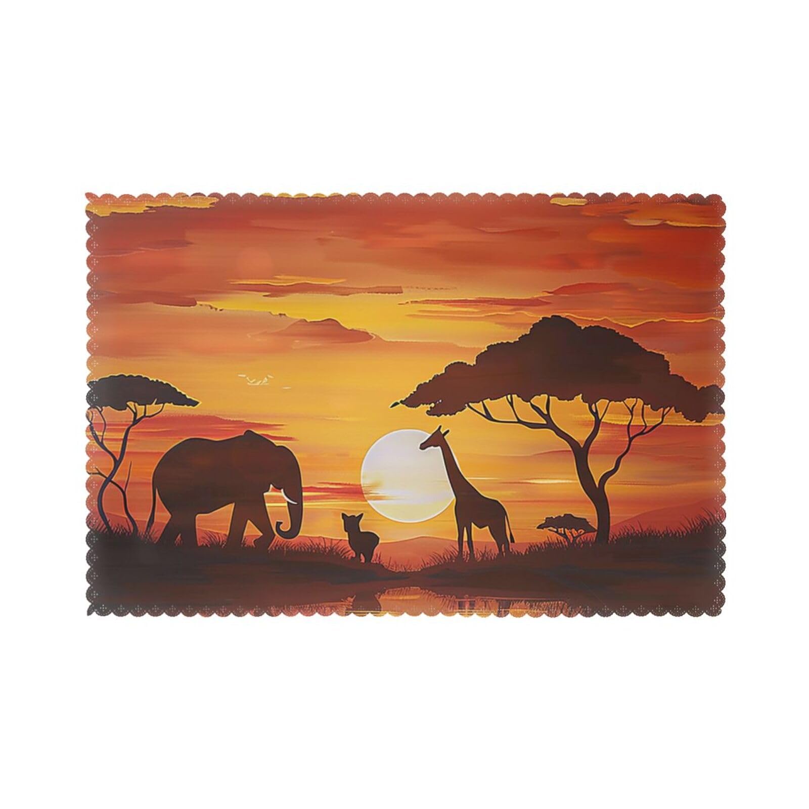 Elephant and Giraffe in The Sunset Printed Placemat Heat Resistant Place Mats Set of 6 PCS Washable Kitchen Table Mats, 12x18 Inch