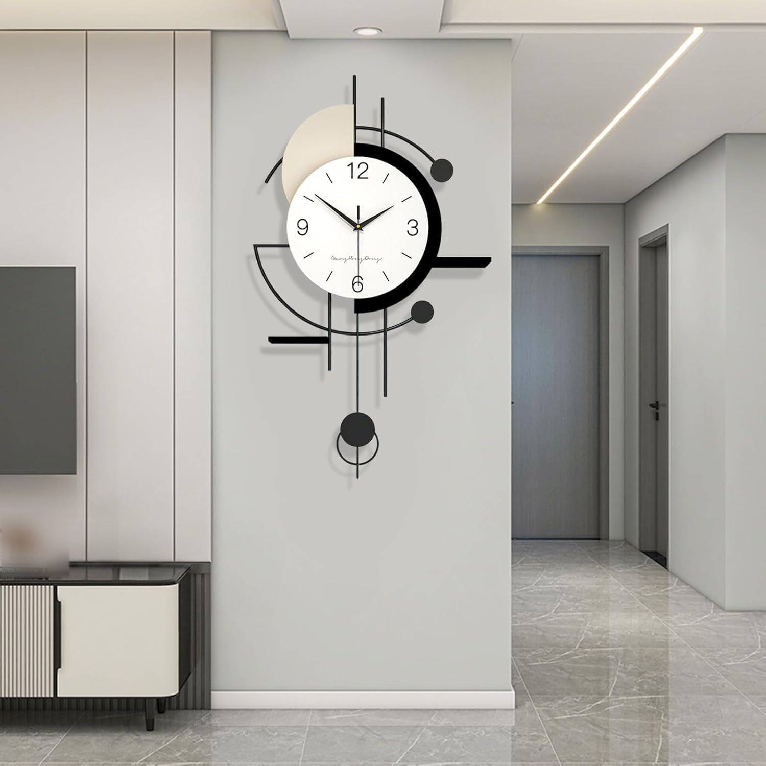 Große Moderne Wanduhr, Lautlos Dekorative Wall Clock Ohne Tickgeräusche mit Pendel, Minimalistisches Wanduhren mit Pendel, Metallrahmen, für Wohnzimmer Flur Schlafzimmer Büro Küche, 70 * 38cm