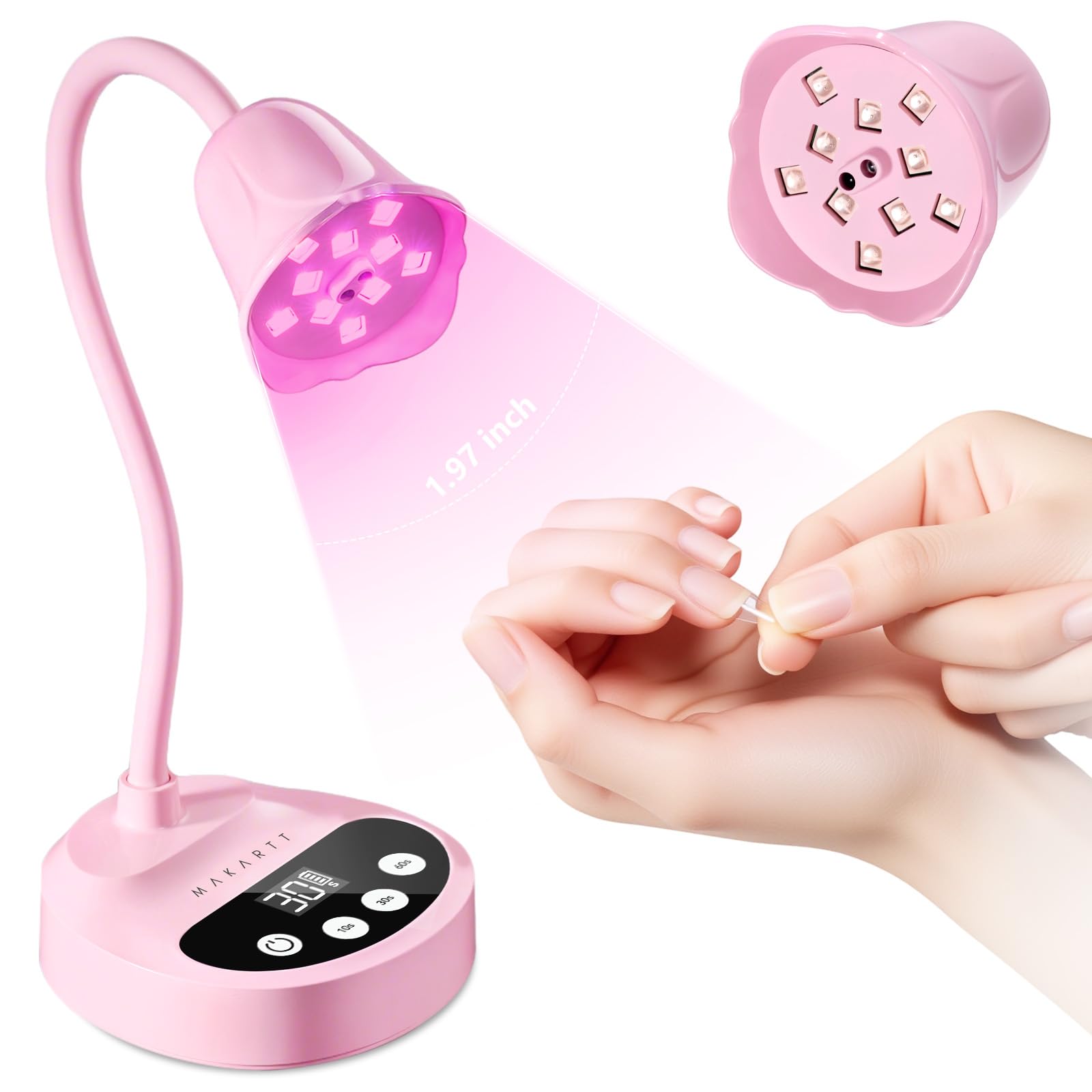 Makartt Cordless Flash Cure UV Nail Lamp for Gel Nails Adjustable Gooseneck | 50 mW/cm² Rechargeable UV Light with Auto Sensor & 4 Timers for Better Gel Curing at Home, Salon or Travel, Pink