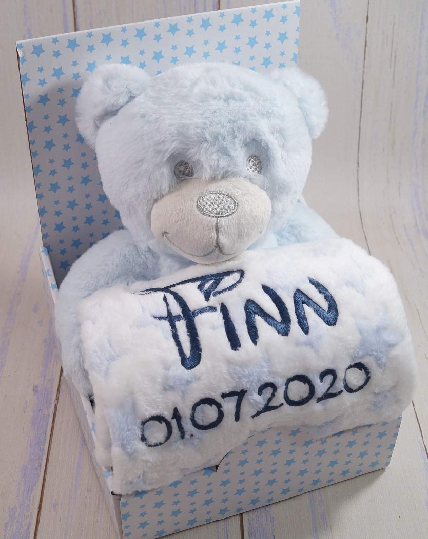BotoBaby Maxi Geschenk-Set Babydecke mit Namen und Datum Bestickt + Plüschtier + Schmusetuch 3-Teiliges Set