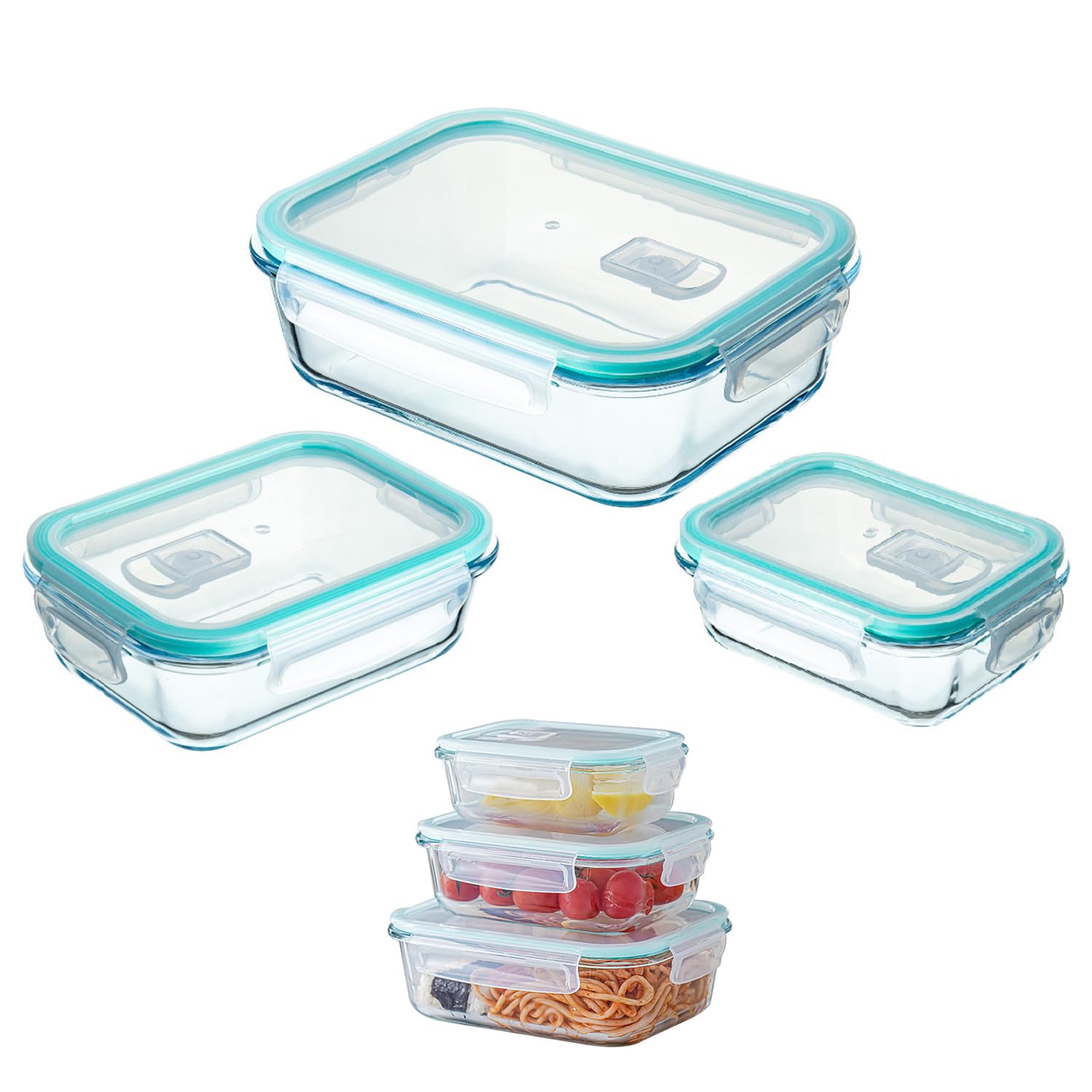 Tycom Glass Meal Prep Containers (3 pcs Rectangle) - Glass Food Storage Containers with Lids, Glass Lunch Box, Portion Control, Airtight, Glass Bento Box Lunch Containers- 3P Rectangle Blue