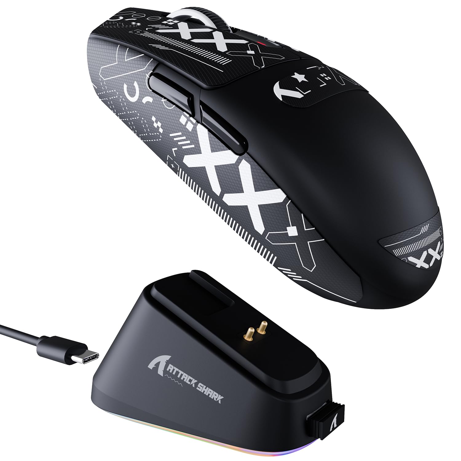 ATTACK SHARK G3PRO Souris de Jeu sans Fil avec Station de Charge Magnétique, Capteur PixArt PAW3311, 25000 DPI, Bluetooth/2,4GHz/Filaire, 59g Ultra-légère Souris pour PC/Xbox/Mac-Noir et Ruban