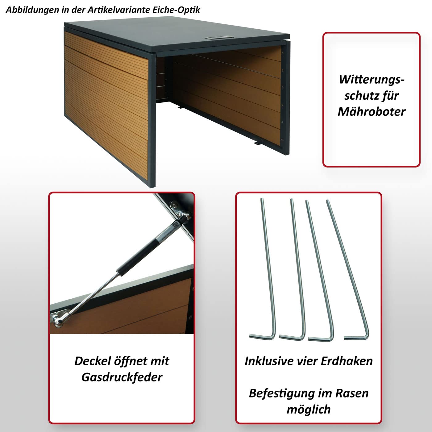Mendler XL garaż dla robota koszącego z pokrywą HWC-L45, dach pod kosiarkę, metal WPC 43 x 70 x 90 cm – wygląd dębu