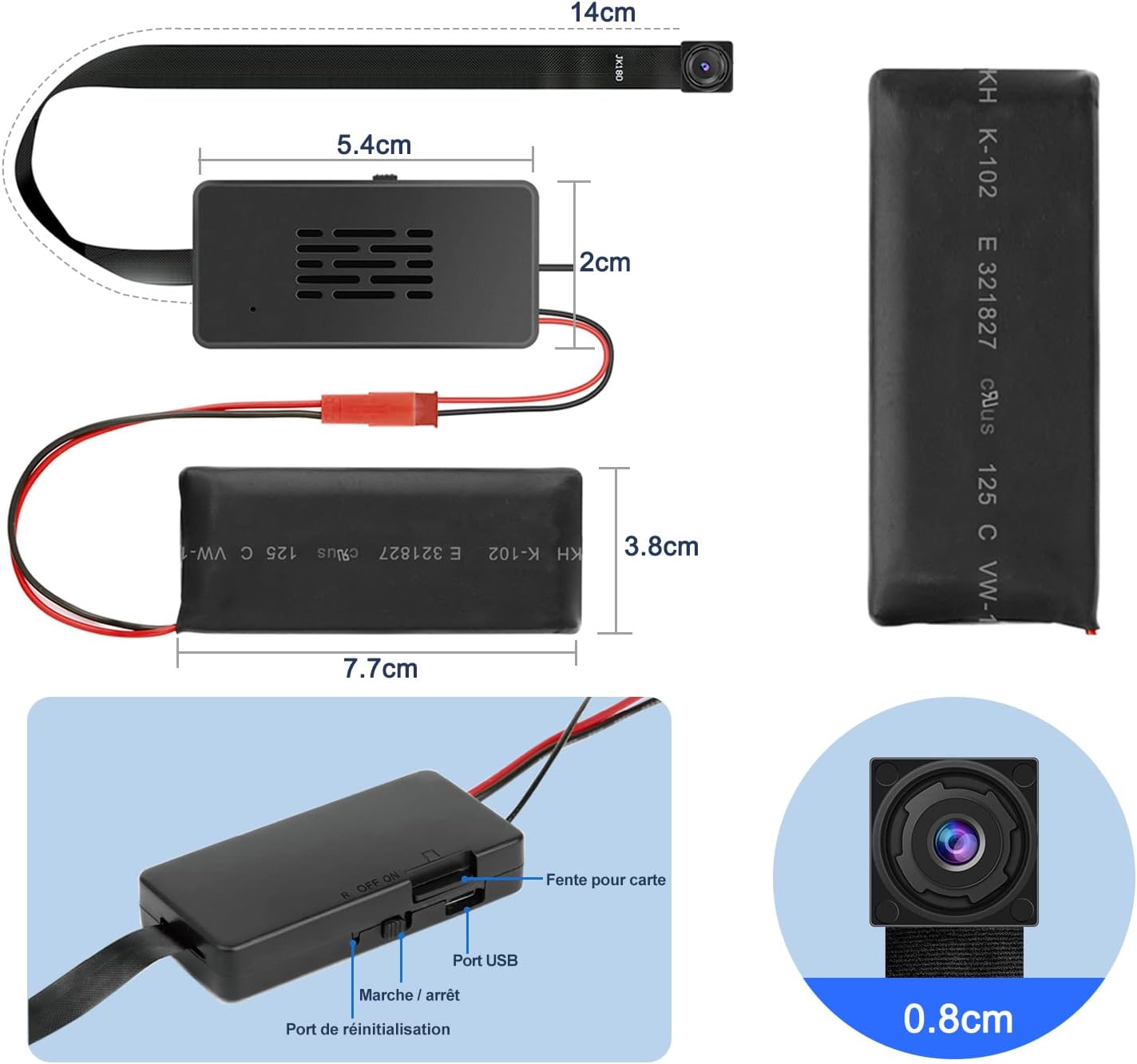 Diagram of QZT Mini WiFi Camera main unit with labeled ports and dimensions