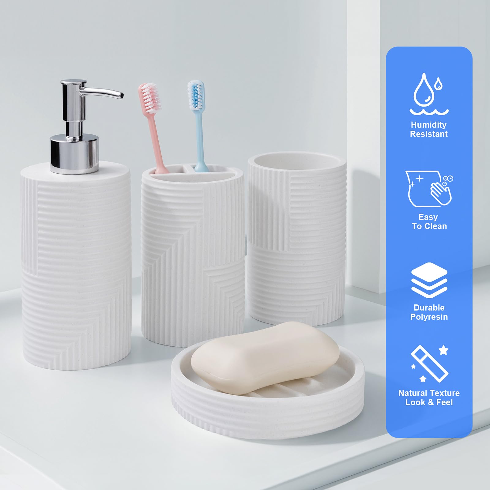Juego de 5 accesorios de baño, juego de accesorios de baño de resina, juego completo con dispensador de jabón, juego de soporte para cepillo de dientes, jabonera, tarros de hisopo de algodón para