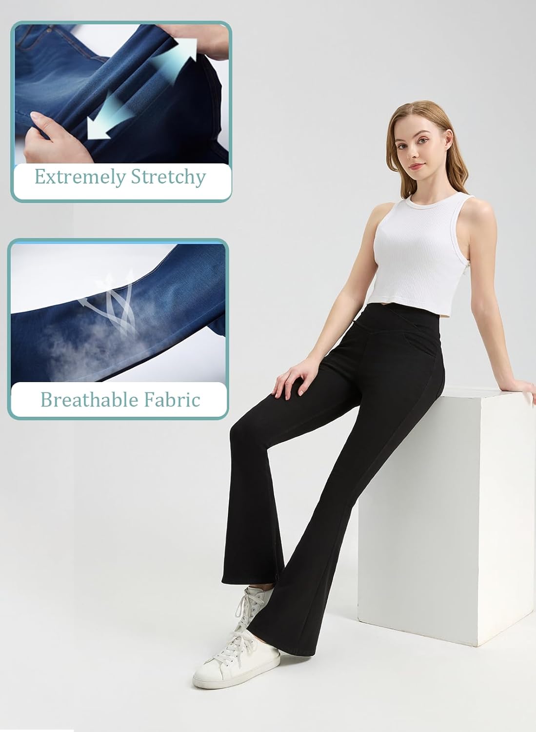 Women's High Waisted Flared Jeans Tummy Control Stretchy Denim Pants, Soft Comfortable Fit with Trendy Welt Pockets - Image 5