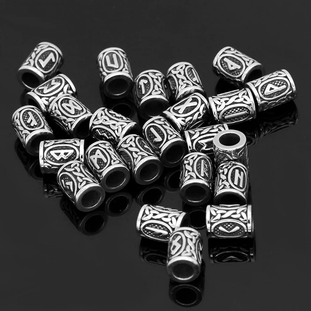 YABEME 24 Piezas Cuentas Runas Vikingas Acero Inoxidable - Cuentas Barba Pelo, para Trenzar Bricolaje Pulsera Collar Colgante, Nórdico Escandinavo para Hombres Mujeres Símbolos de Amuleto