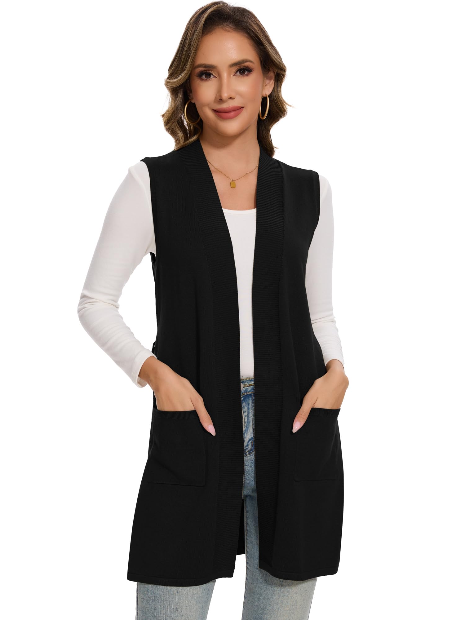 Moss Rose Long Vest for Women Sleeveless Cardigans Ribbed Knit Outwear with Belt and Pockets