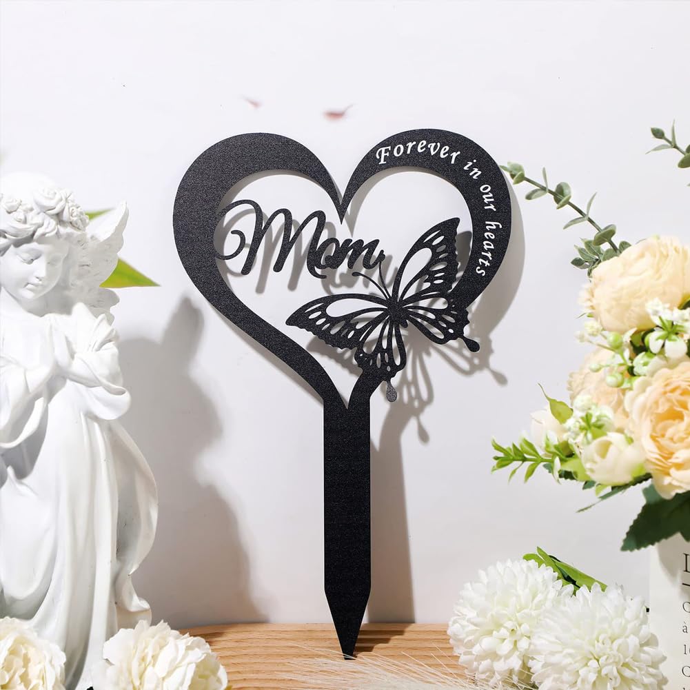 EQLEF Graveside Memorial Stakes for Mom Memorial Plaque Stake in Heart Shape with Butterfly Durable Metal Grave Marker Black Cemetery Memorial Plaque Grave Ornaments Mum - Image 2