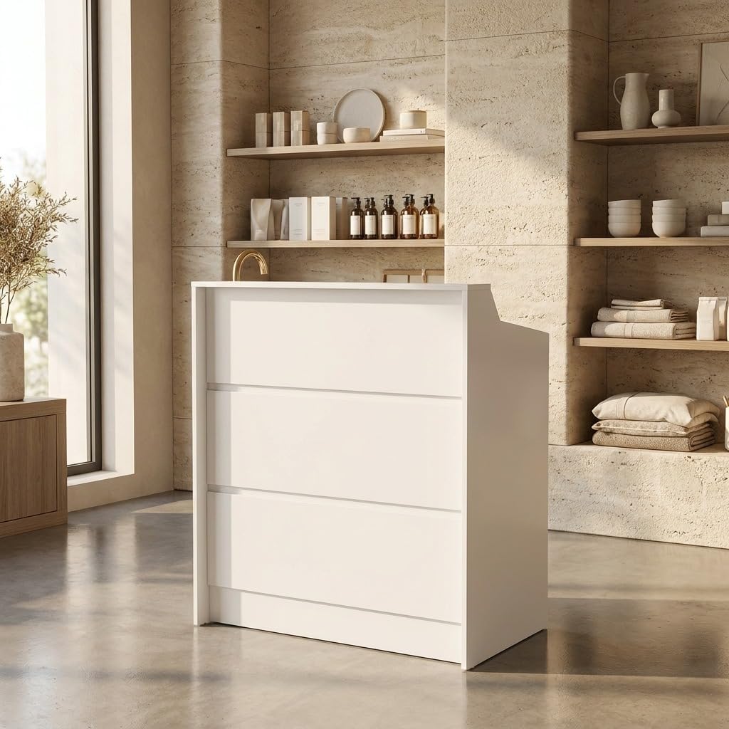 Reception Desk with Counter, Small Front Desk with Lockable Drawer, Wooden Modern Checkout Counter for Salon Retail Office Clothing Store (White, 31.50”x 19.69”x 42.52")