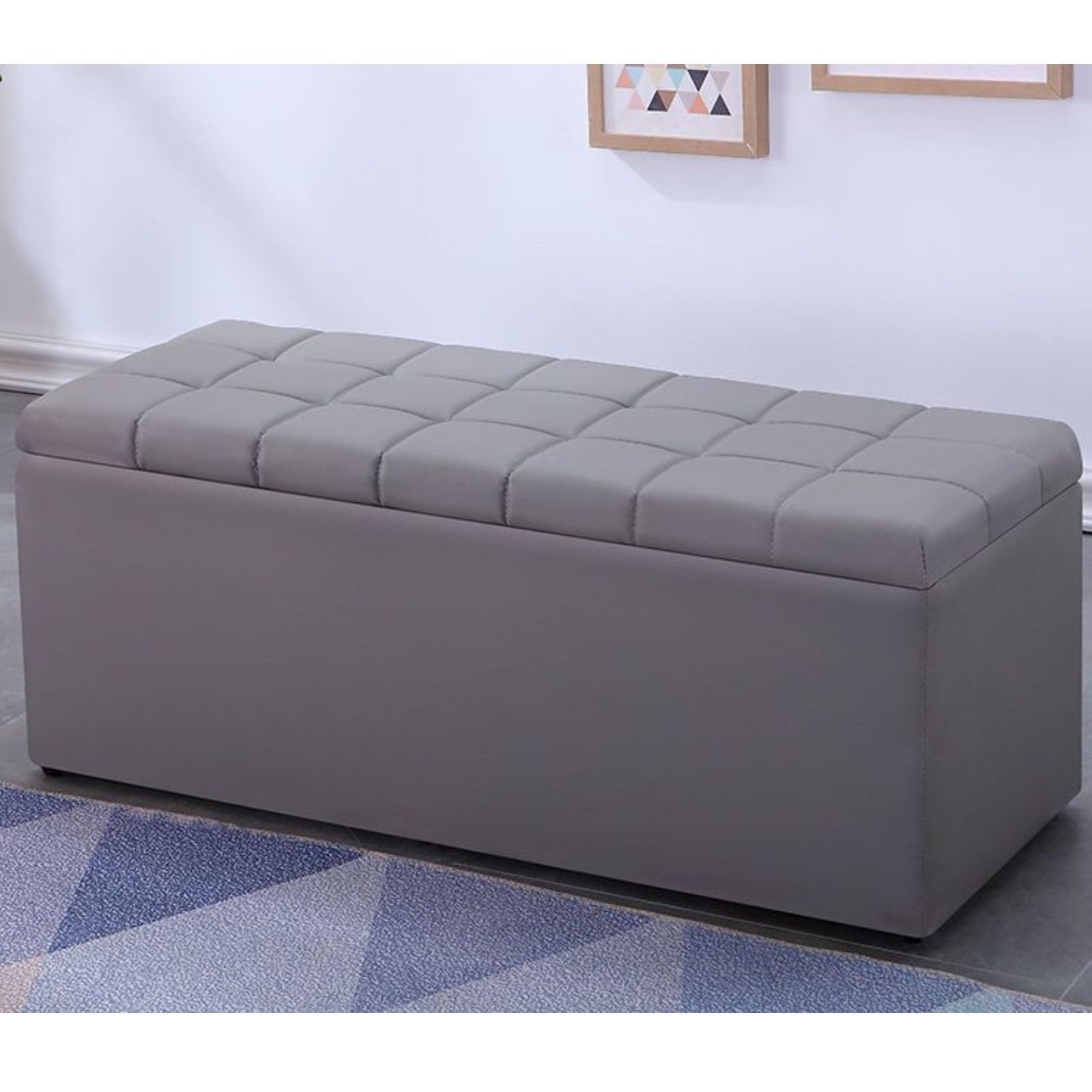 Scarpiera, Lussuosa Panca poggiapiedi con Coperchio Ribaltabile, mobiletto portaoggetti in Pelle per Ingresso, angolare Letto (Grigio, 100 x 40 cm)