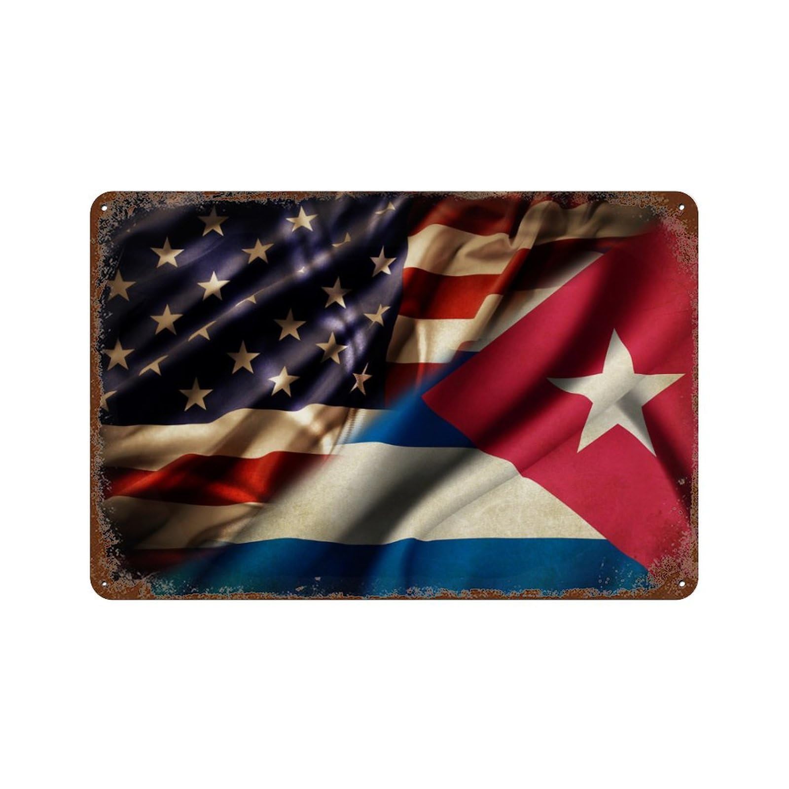 KWQDOZF Combined Cuba And USA Flag Theme Metal Tin Sign,Vintage Iron Hanging Plate Horizontal with Rust Poster Wall Decor 8x12inch
