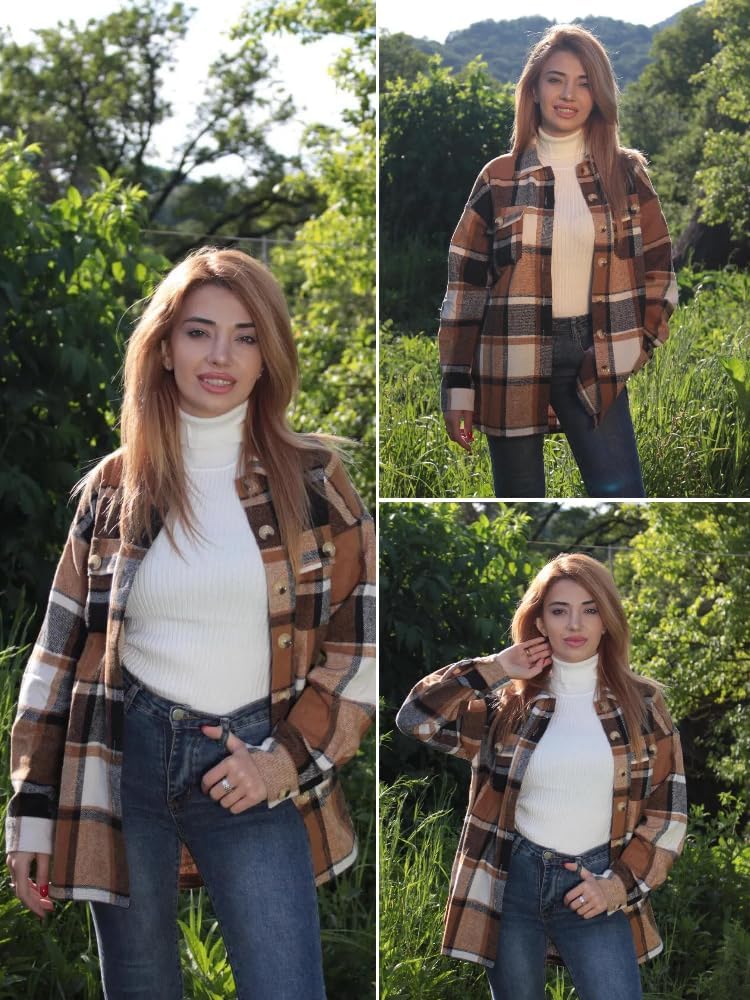 HOTOUCH Womens Flannel Plaid Shacket Jacket Button Down Tartan Trench with Pocket Long Sleeve Cropped Fashion Coat S-XXL - Image 2