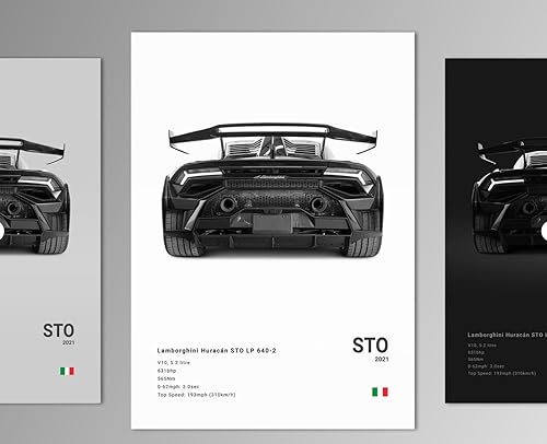 Póster de automóvil blanco, negro y gris para Huracan STO de Lamborghini en lienzo, impresiones artísticas para pared, dormitorio, oficina,
