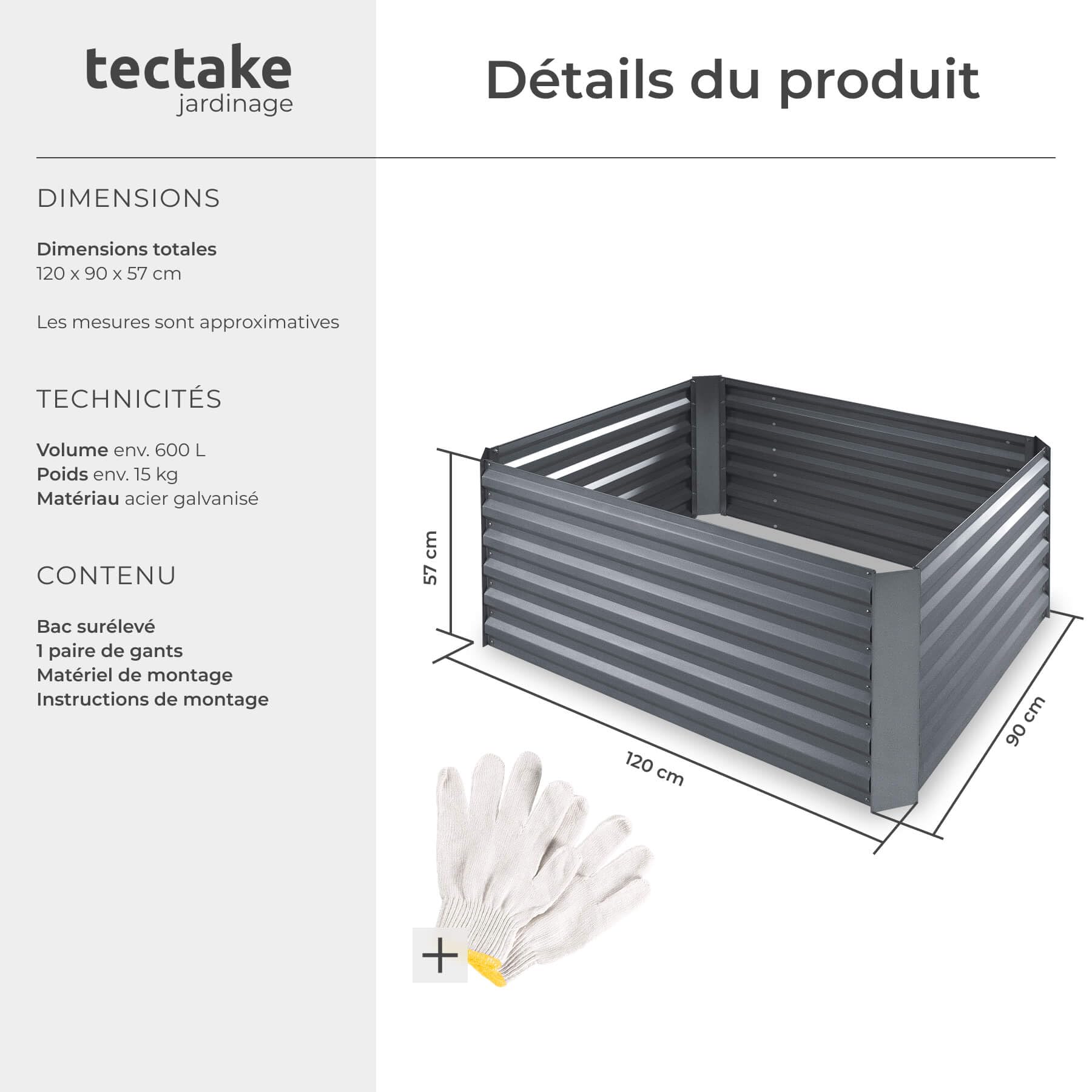 tectake® Lit de Jardin Carré Potager de Jardin surélevé, Bac à semis Jardiniere en Acier Massif résistant à la Rouille idéal aménagement Serre Jardiniere Exterieur Grande Taille 120x90x57cm