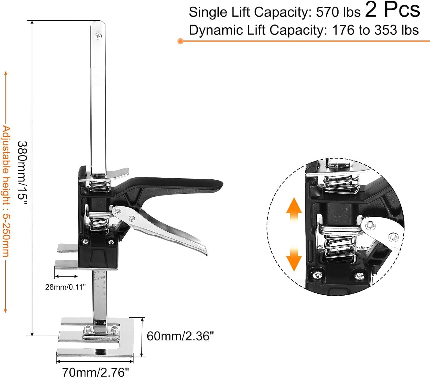 Podnośnik meblowy 38 cm, 2 szt. Regulowany ręczny podnośnik mebli, TOOSOAR podnosi aluminiowe płyty gipsowo-kartonowe