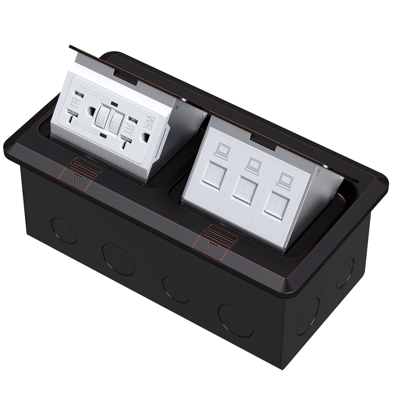 Doppel-Pop-Up-Steckdosen-Set, 20 A, Edelstahl, GFCI-TR Buchse, 3-Port-RJ45-Datacom-Buchse, ölgeriebene Bronze