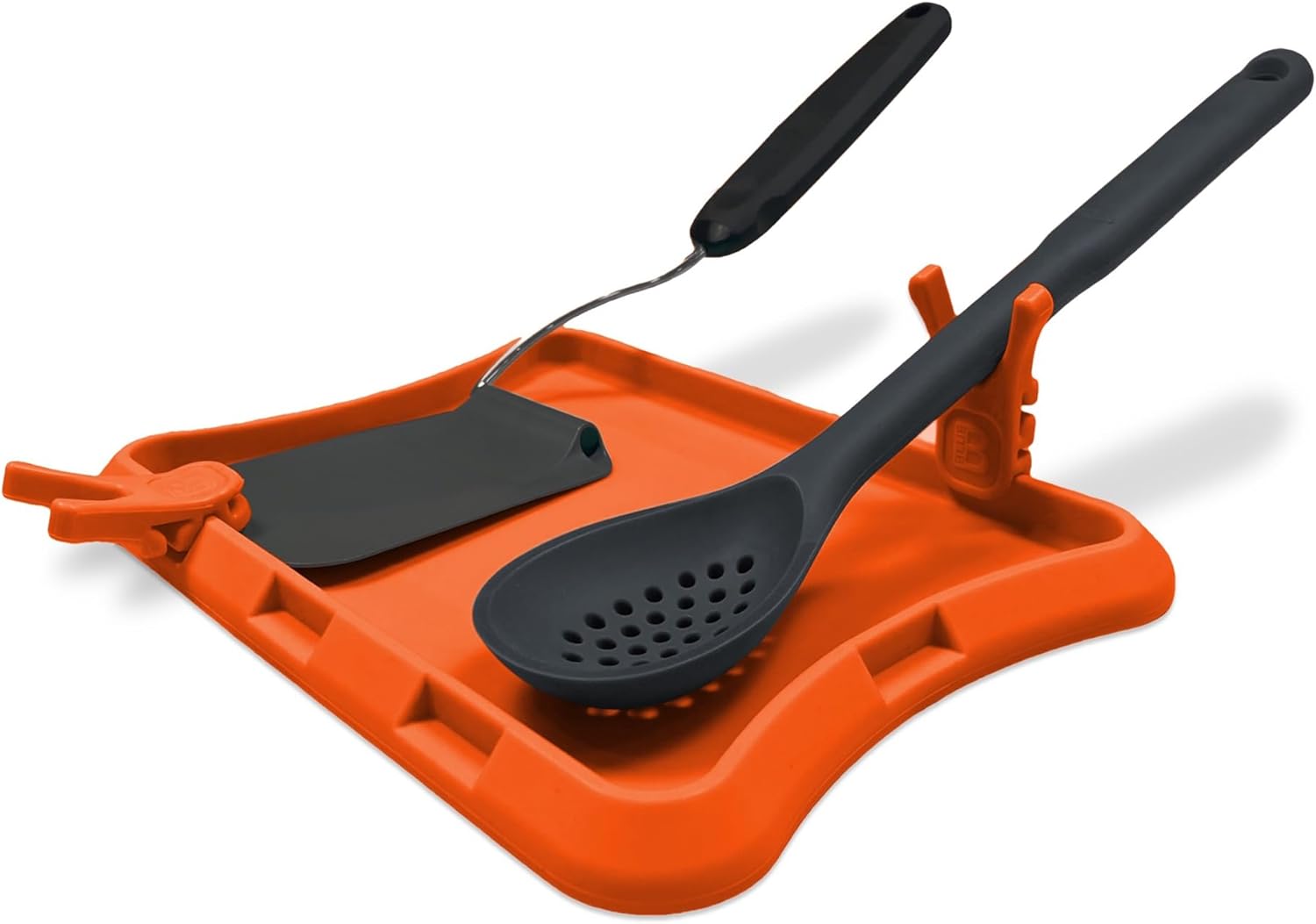 Nottadrip Silicone Spoon Rest for Stove Top - Kitchen Spoon Rest for Countertop, Ladle Holder, All in 1 Serving Station, Elevate Handle, Drip to Tray, Mess Free - 3PC Set No Trivet - Orange