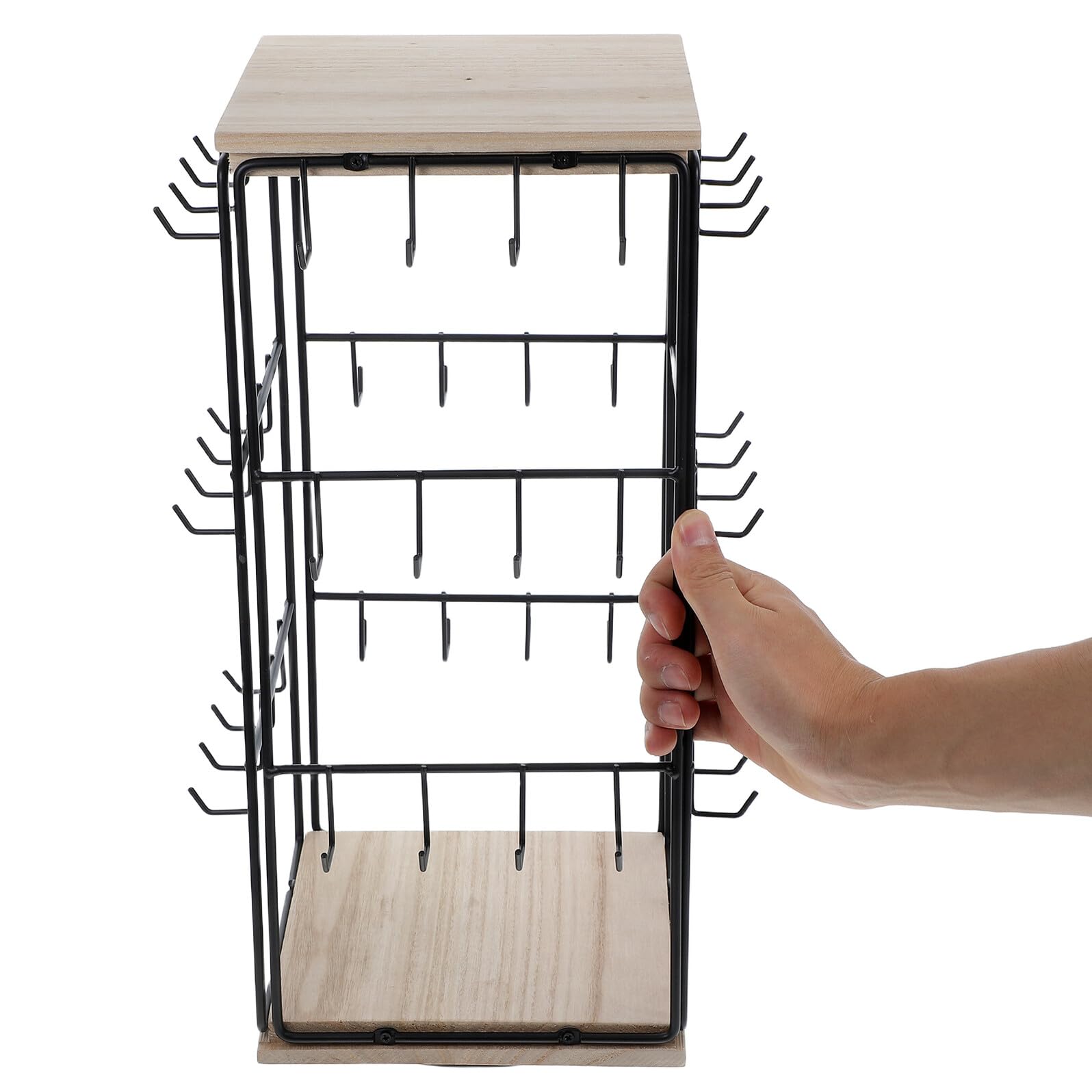 Sewroro Drehbarer Schmuckständer aus Naturholz mit 360 Grad Drehfunktion Ohrringhalter mit Haken Armband und Ringorganizer für Schminktisch