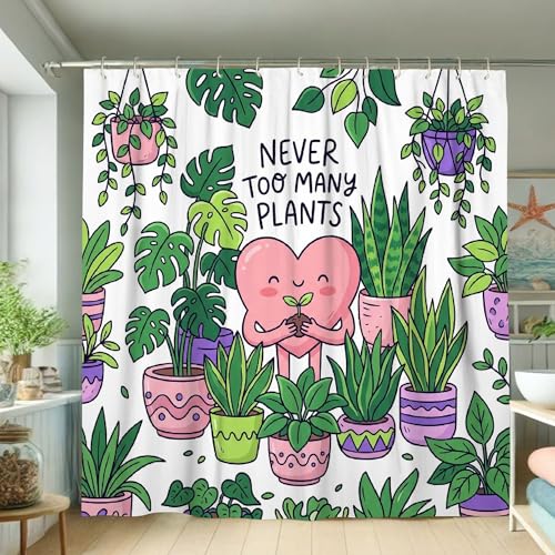 Rideau de douche en toile avec motif cœur, motif pot de fleurs fantaisie et ludique, vert printemps, rideau de bain imprimé pour salle de bain, décoration...