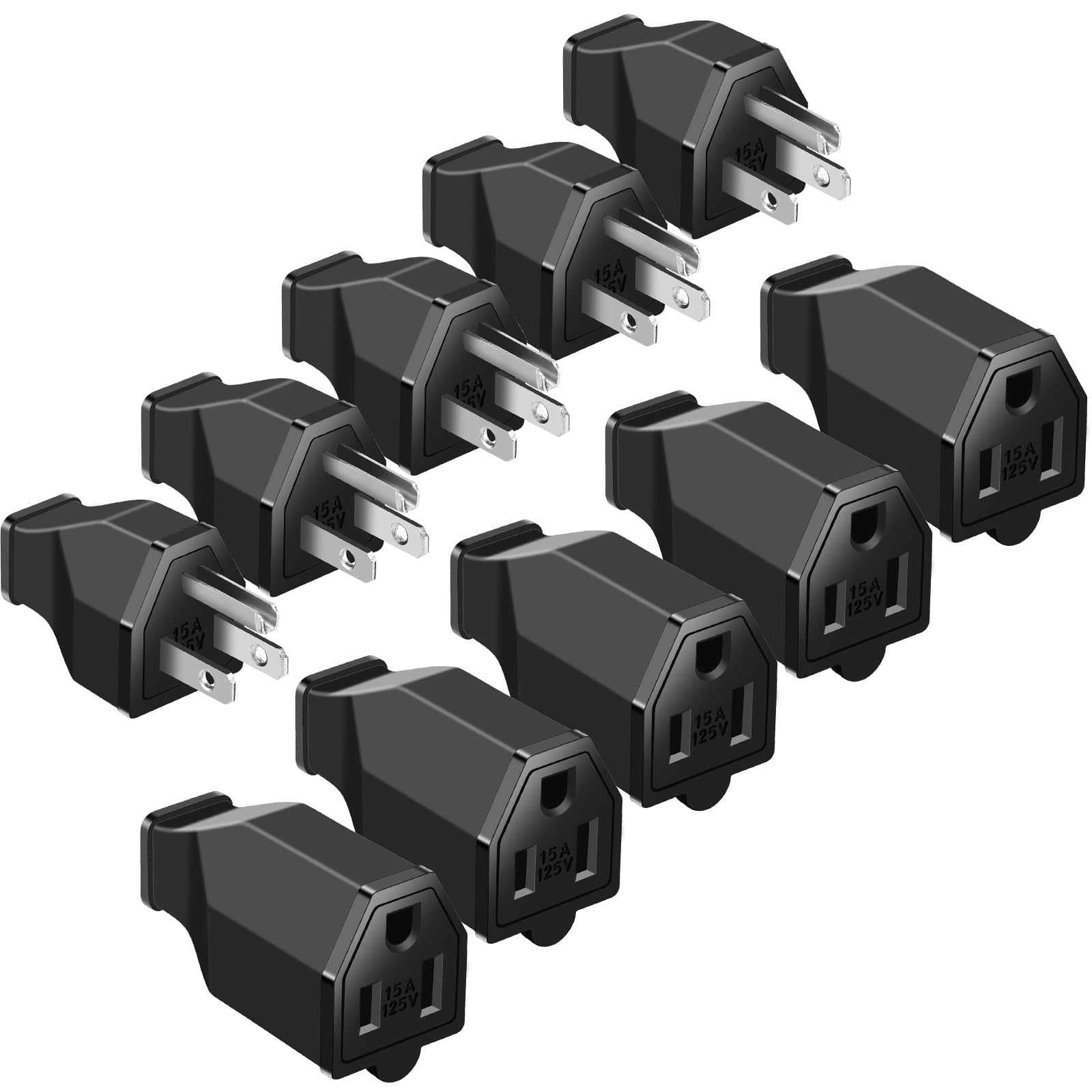 Treela 5 Sets Extension Cord Plug Replacement Male and Female Extension Cord Ends 125V 15A 2 Pole 3 Wire Male and Female Connector Straight Plug