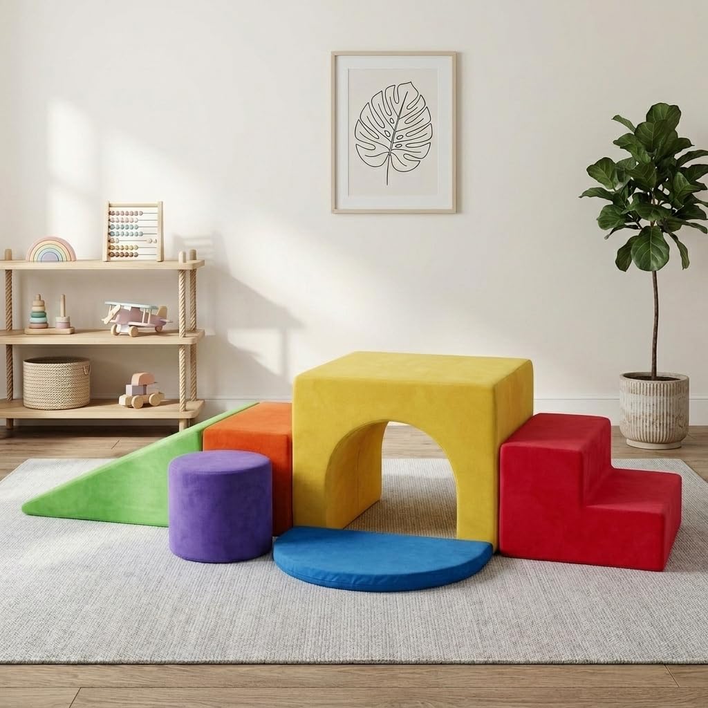 GOPLUS Parcours Motricité Bébé 6PCS, Blocs Mousse Modulables en Velours avec Toboggan et Arche, Housses Amovibles Lavables, Jouets Montessori d’Escalade Éducatifs Empilables pour Enfant 3 Ans+ (Rouge)