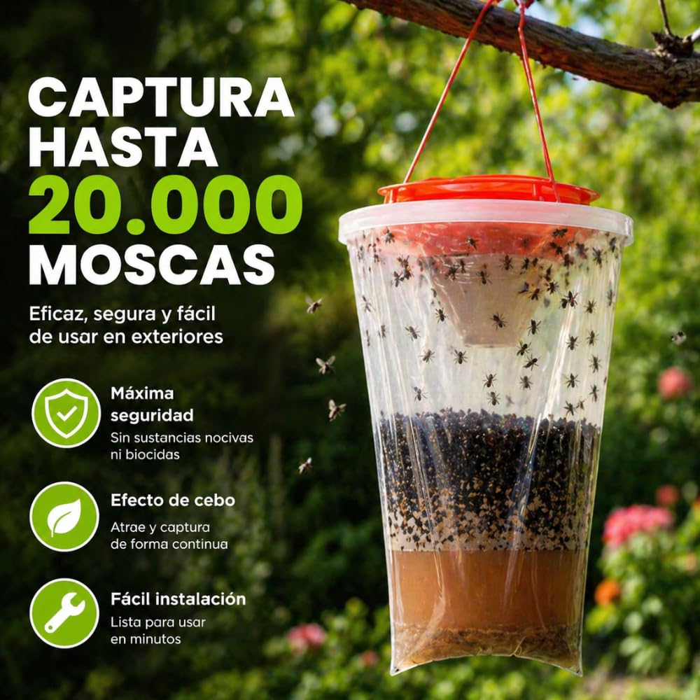 Trampa Múltiple Moscas Remi Hogar | Captura hasta 20.000 Moscas | para Uso en Exteriores | Sin biocidas eficacia | Fácil instalación | Efecto de Cebo | Red Top 6 Unidades