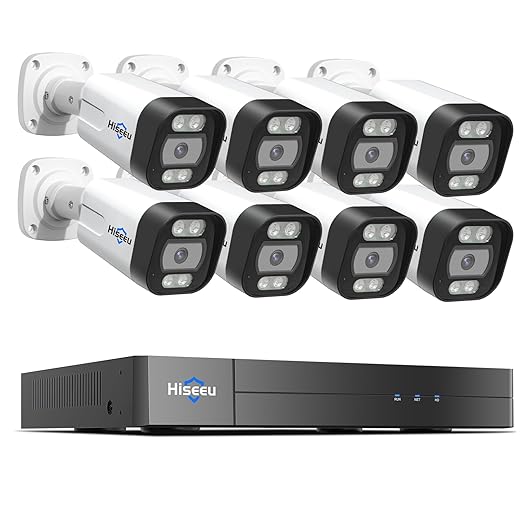 [Human Vehicle Detection] Hiseeu PoE Security Camera System,8PCS 5MP IP Security Camera for Indoor Outdoor,4K PoE NVR 16CH Expandable with 3TB Hard Drive,Person/Vehicle Detect,Audio Video Monitoring