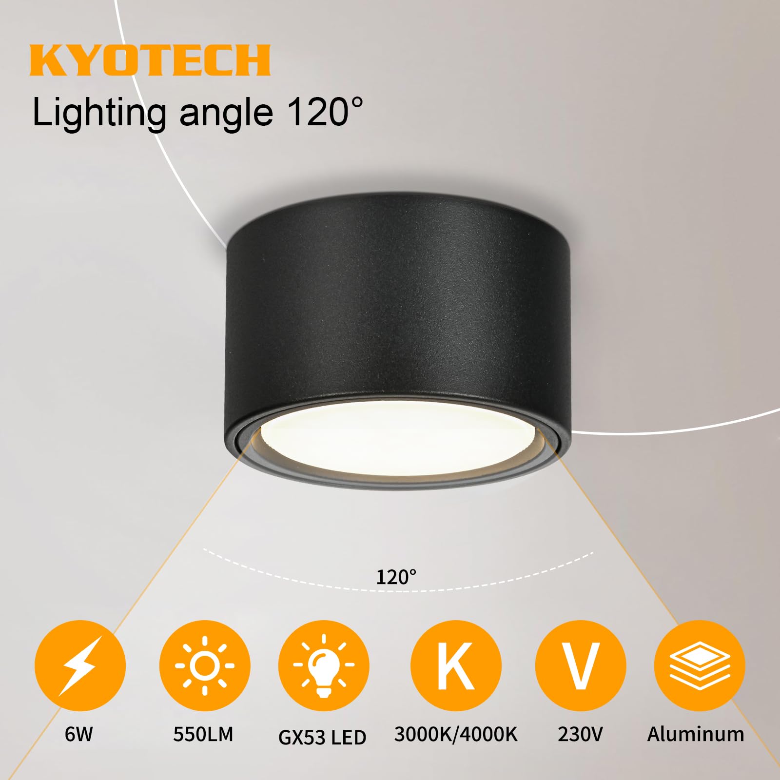 KYOTECH 4x Faretti da Superficie a LED - 3000K Nero Opaco Faretti da Soffitto 6W 550LM GX53 Faretti da Superficie - Ø95x55mm 230V Lampada da Soffitto Faretti da Soffitto per Camera da Letto Soggiorno