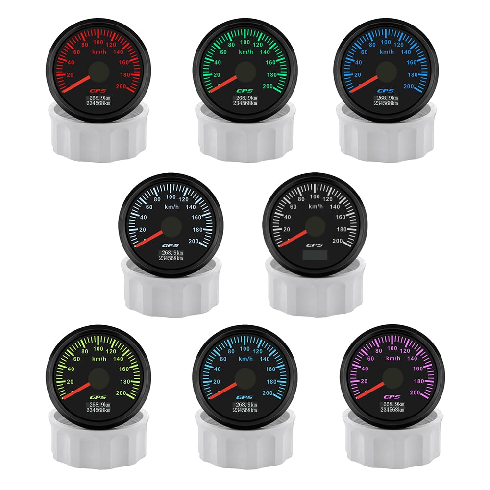 ELING Compteur de vitesse GPS 52 mm 200 km/h Compteur kilométrique et rétroéclairage 7 couleurs 12 V 24 V (noir + noir, 0-200 km/h)