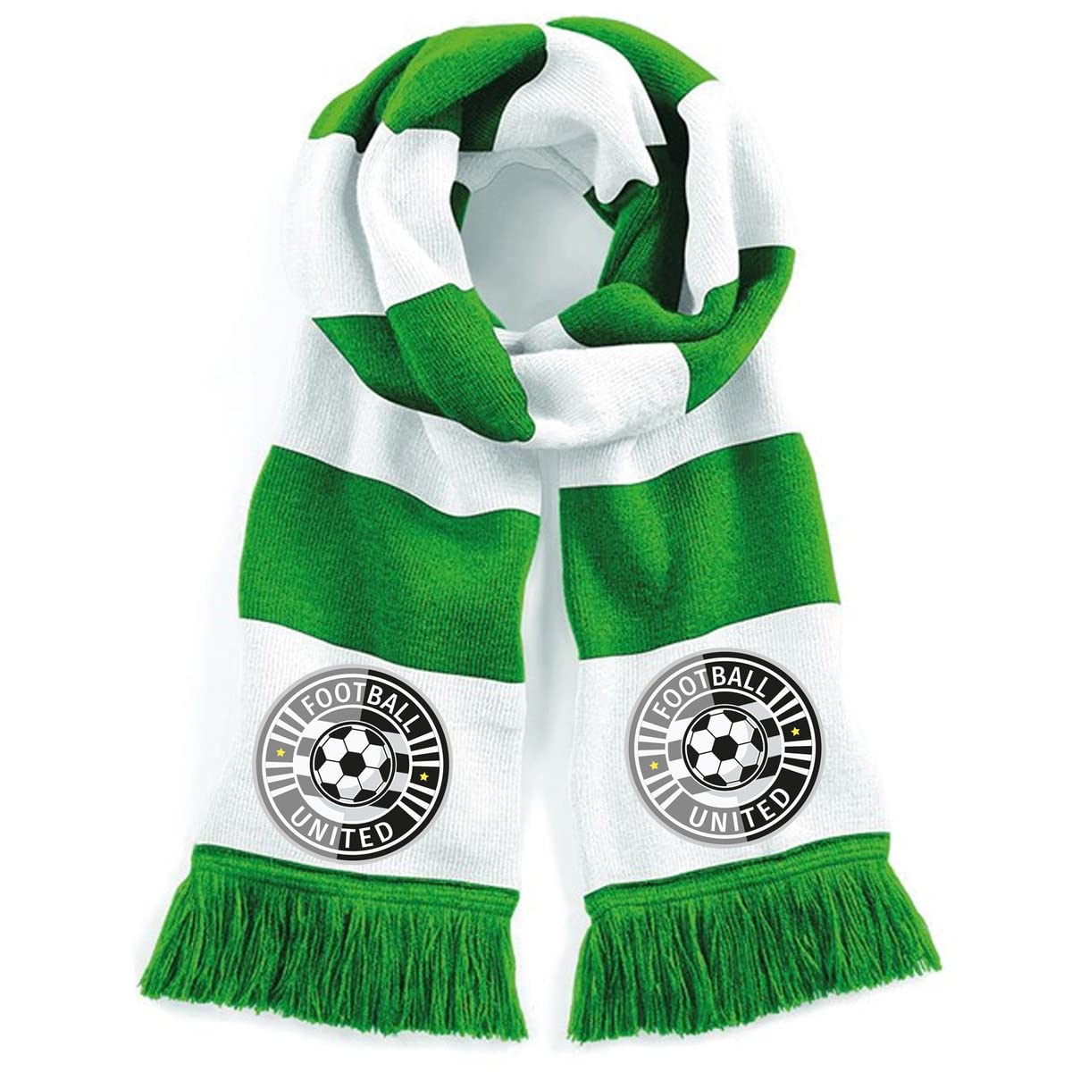FoxyPrinting Green And White Personalised Football Scarf For Your Team - Printed Full Colour Badge - Your Team