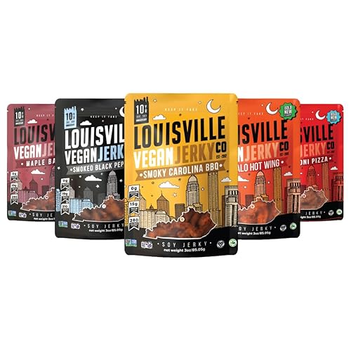 Louisville Vegan Jerky Co. Traditional Variety Bundle Vegan Jerky 3 oz. 5 pack (Smoky Carolina BBQ, Buffalo Hot Wing, Maple Bacon, Pepperoni Pizza, Smoked Black Pepper) - Traditional Variety Bundle - 1 Count (Pack of 5)