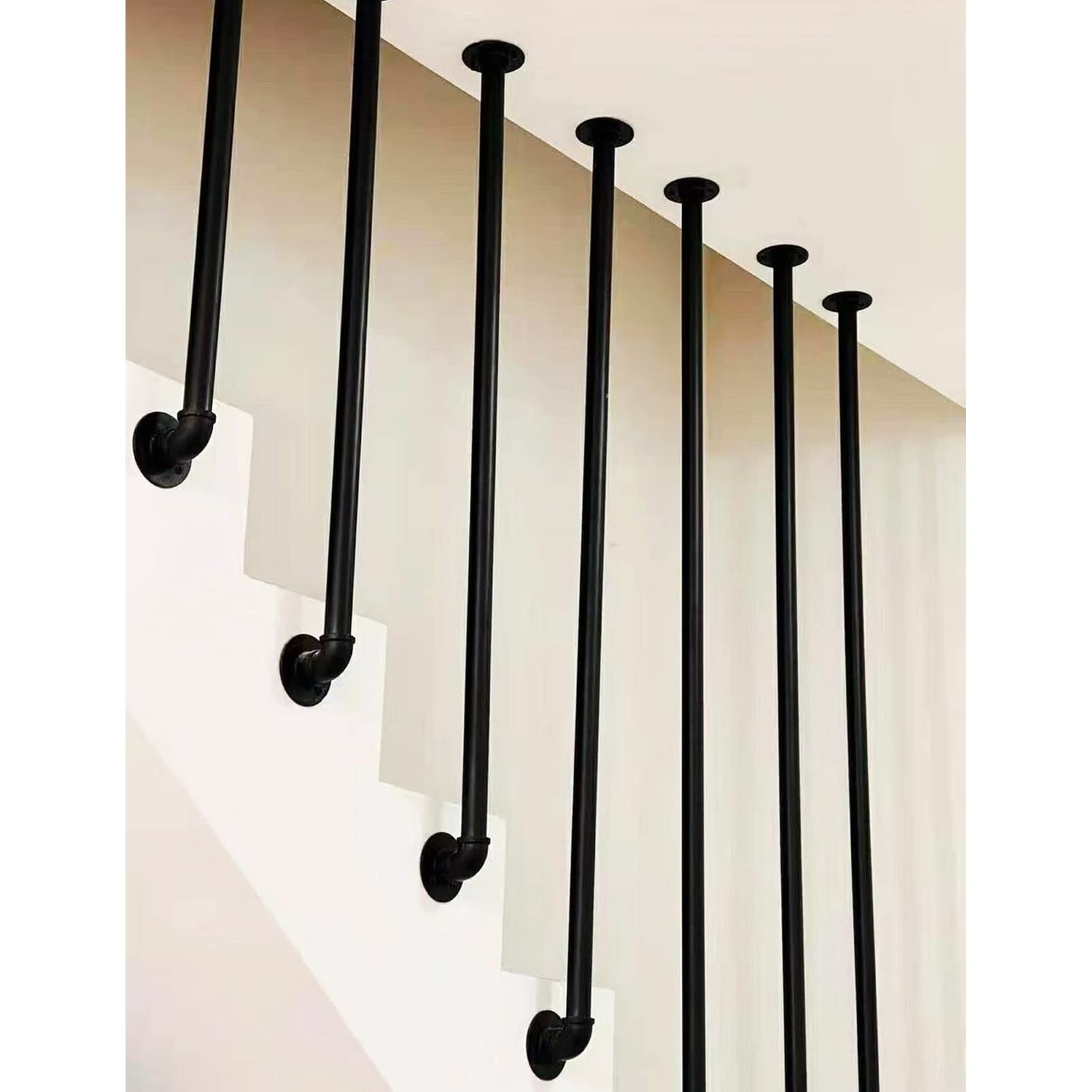 MNYDXY L-Shaped Wrought Iron Handrail, Safety Non-slip Guardrails Hand Rail - Round Galvanized Pipe Stairs Step Fence Railing, Indoor or Outdoor Wall Mount Balustrade Foot Rail Support - Black