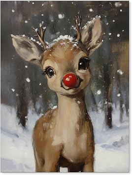 OMANI Christmas Decor Posters Cute Red Nose Reindeer Wall Art Winter Christma Pictures Decorations 12x16in Unframed Rustic Artwork for Family bedroom dormitory