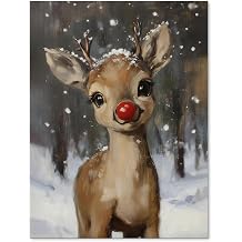 OMANI Christmas Decor Posters Cute Red Nose Reindeer Wall Art Winter Christma Pictures Decorations 12x16in Unframed Rustic Artwork for Family bedroom dormitory