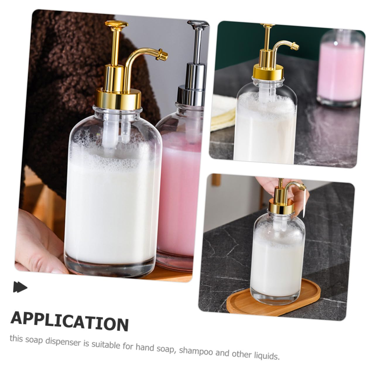 Ipetboom 2 pièces Distributeur de Liquide Transparent en Verre Pompe Anti-Fuite Rechargeable pour Mains et shampooing Lot de Bouteilles avec Accessoires Salle de Bain et Cuisine